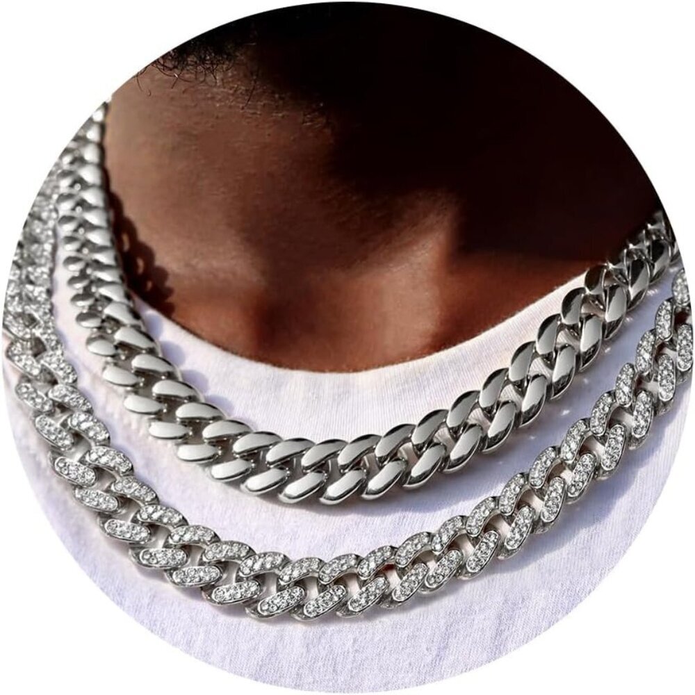 2PCS Cuban Link Chain for Men Women Miami Cuban Link Chain Necklace Gold Silver